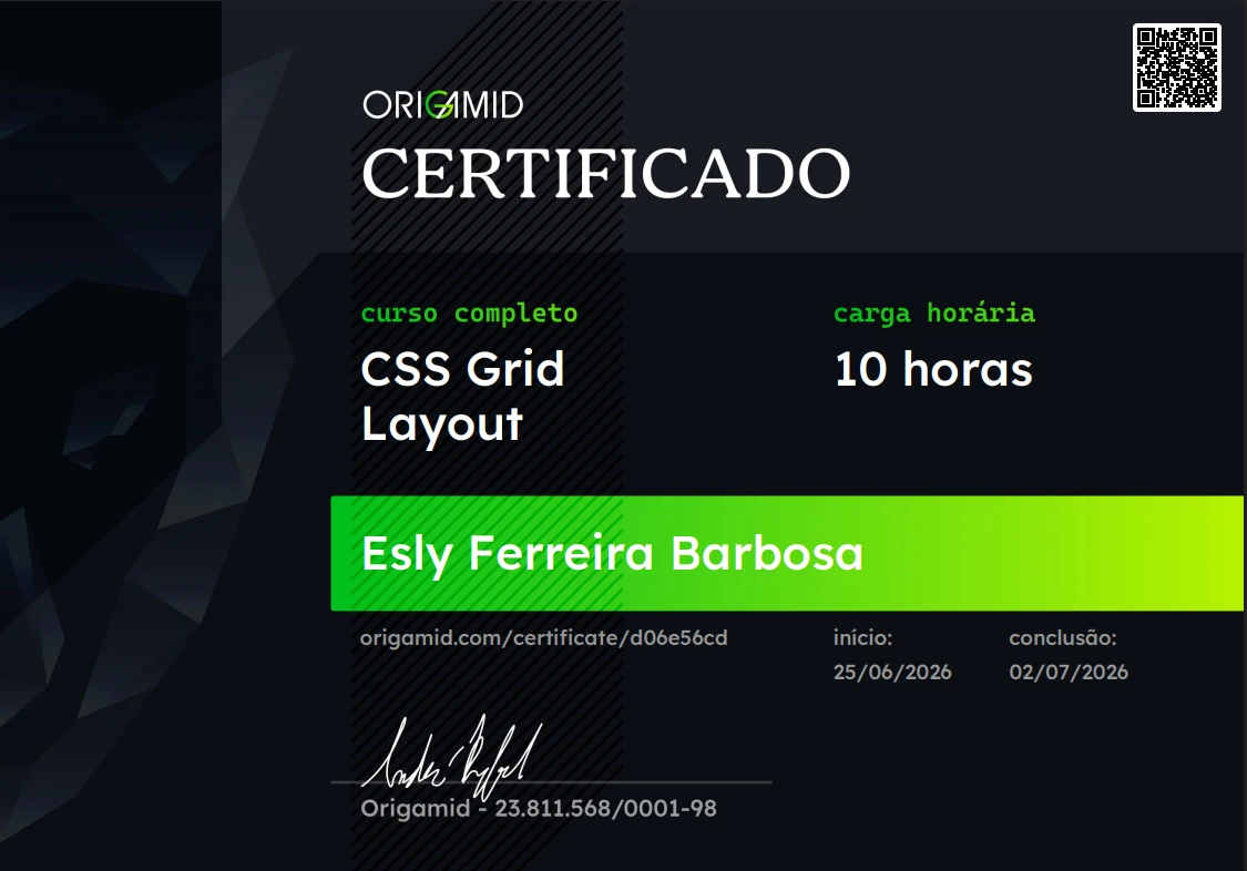 Certificado — CSS Grid Layout (Origamid)