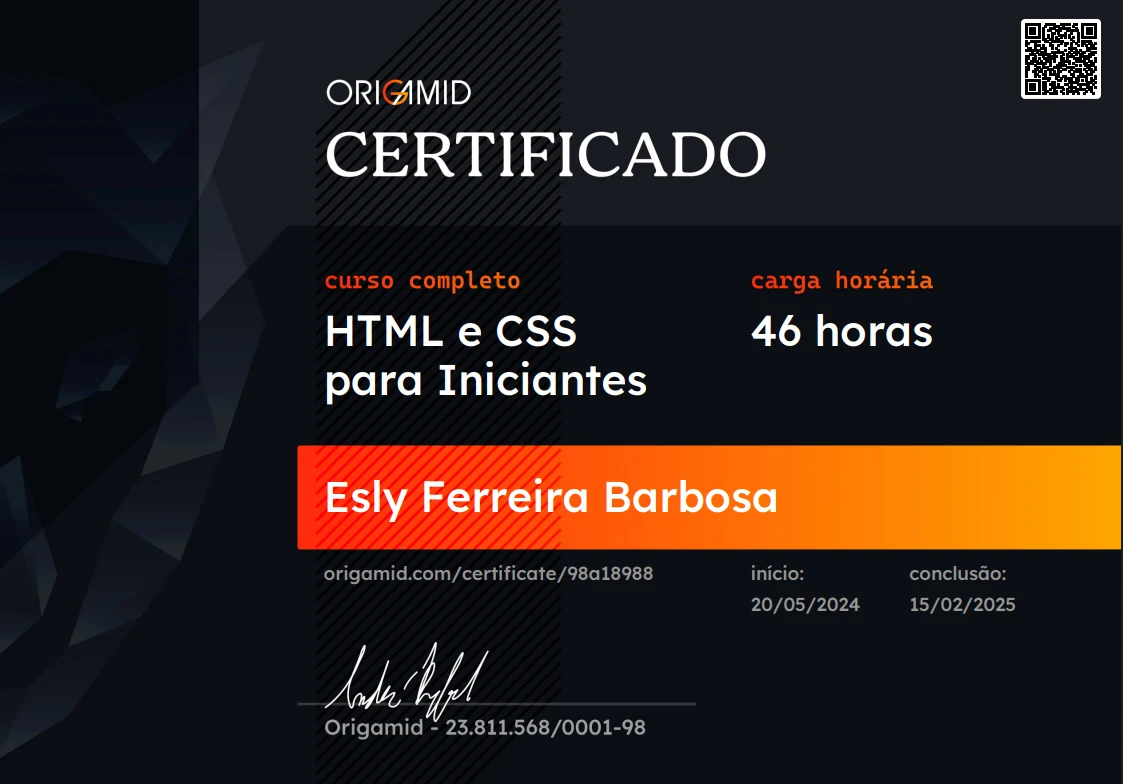 Certificado — HTML e CSS para Iniciantes (Origamid)