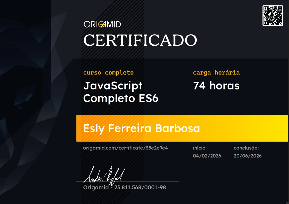 Certificado — JavaScript Completo ES6 (Origamid)
