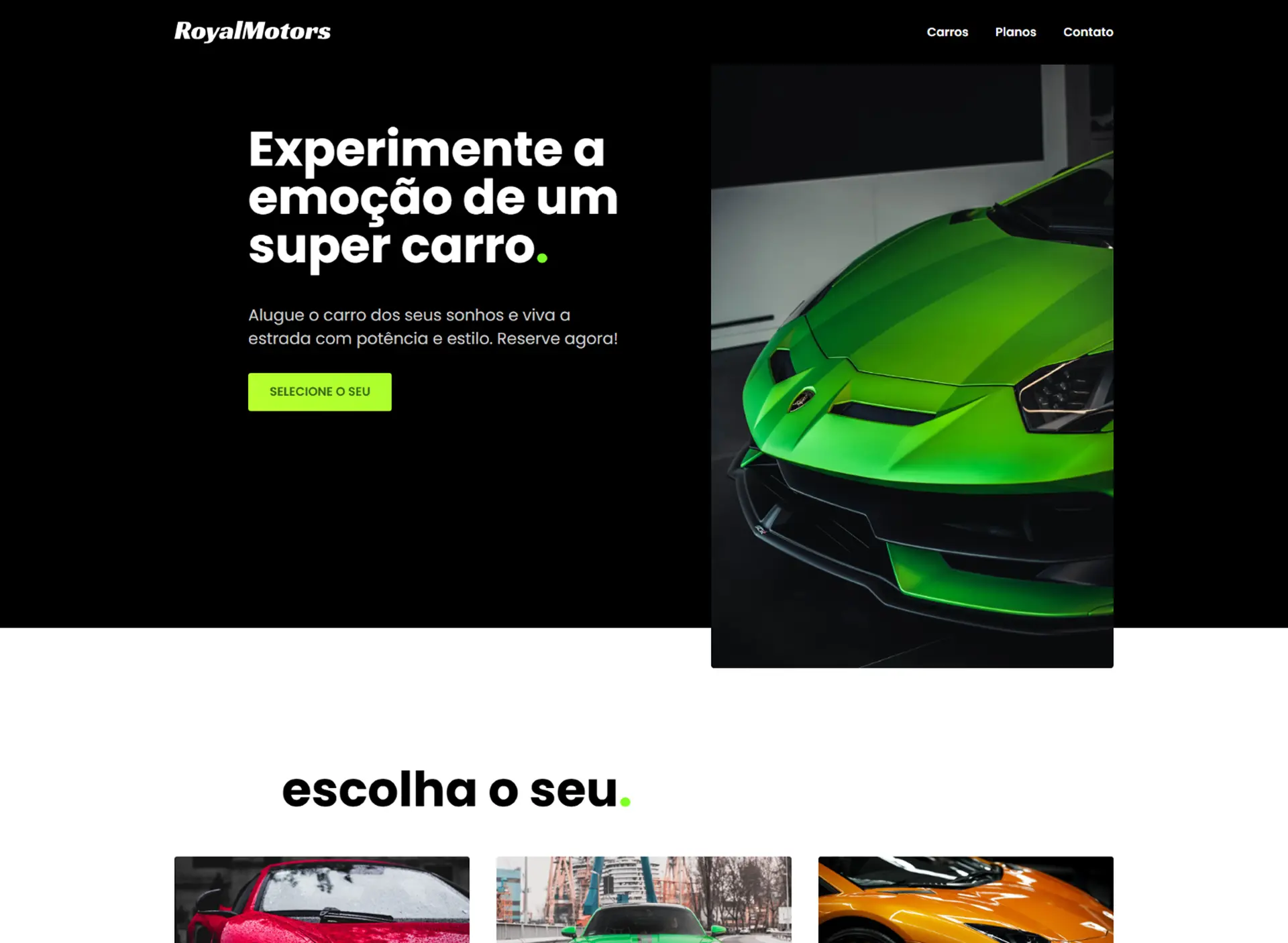 Screenshot do site RoyalMotors — aluguel de supercarros